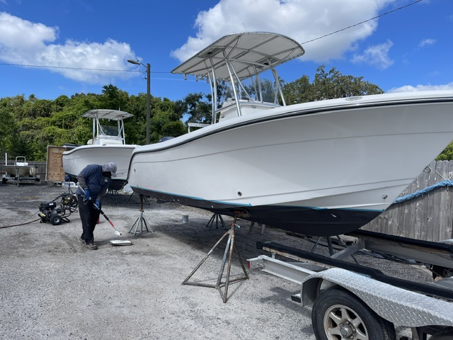 Bottom paint application on boat hull