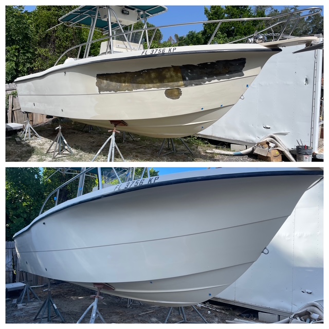 Fiberglass hull repair on a boat